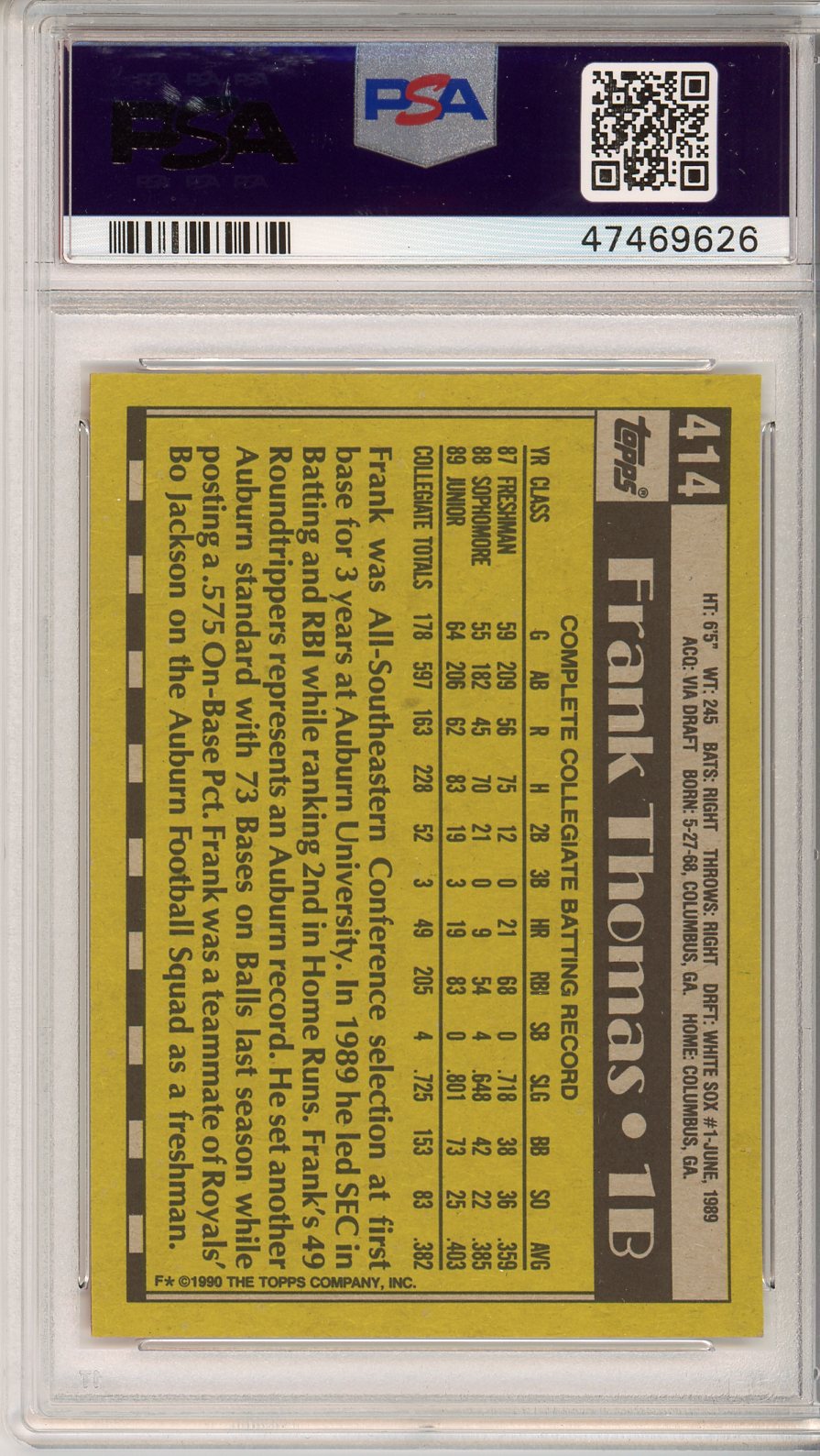 1990 Topps Name on Front #414 Frank Thomas Rookie Card PSA 8