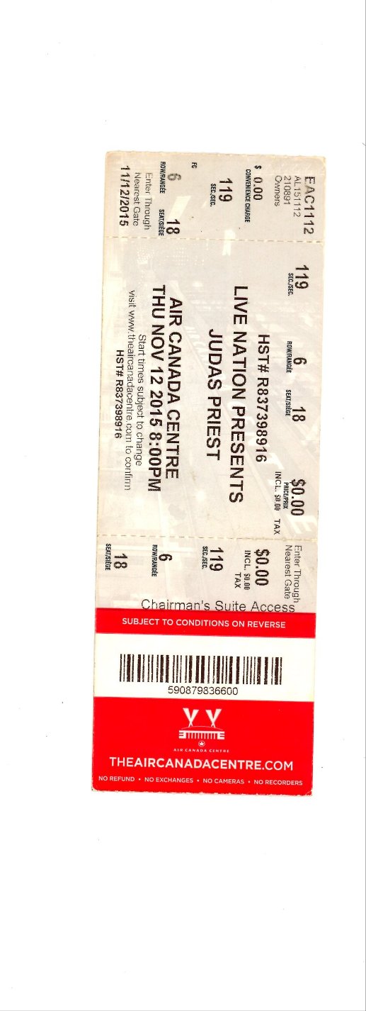 Judas Priest Vintage Concert Ticket Stub Molson Air Canada (Toronto, 2015)
