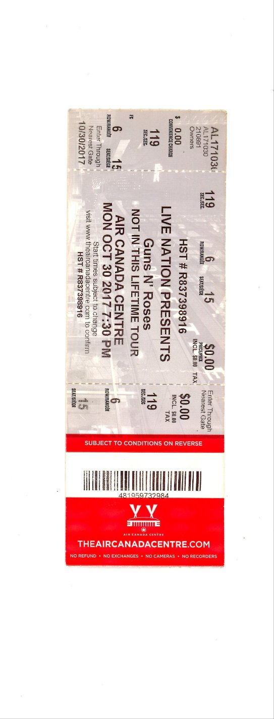 Guns N Roses Vintage Concert Ticket Stub Molson Air Canada (Toronto, 2017)
