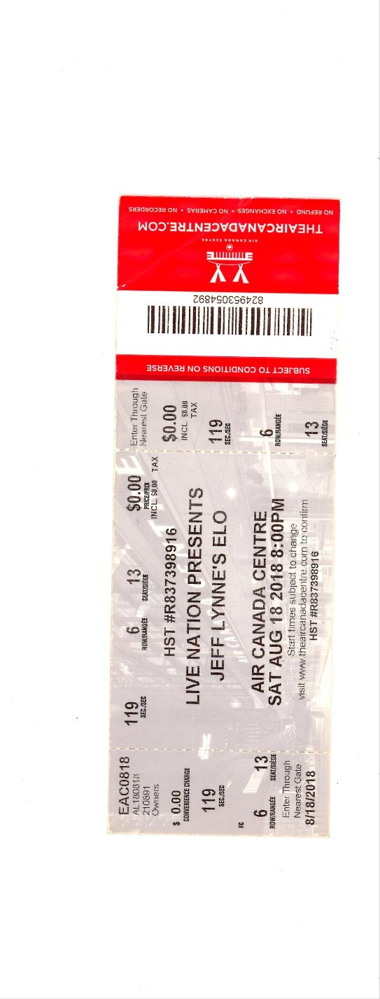 Jeff Lynne's ELO Vintage Concert Ticket Stub Molson Air Canada (Toronto, 2018)