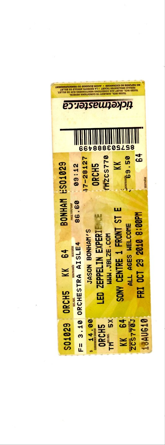 Jason Bonham Led Zeppelin Experience Concert Ticket Stub Sony Centre (Toronto, 2010)