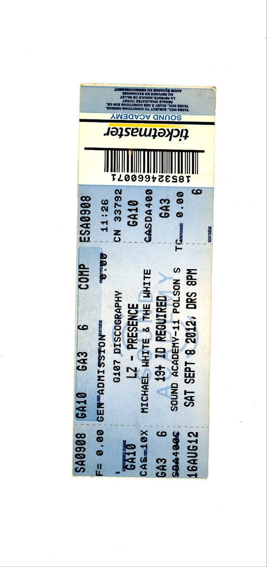 Michael White Vintage Concert Ticket Stub Sound Academy (Toronto, 2012)