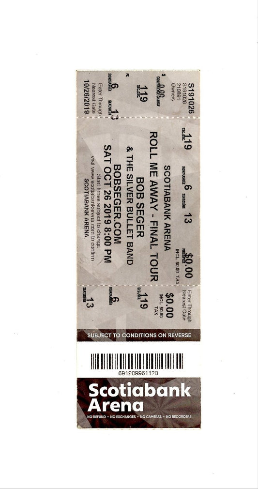 Bob Segar Final Tour Vintage Concert Ticket Stub Scotiabank Arena (Toronto, 2019)