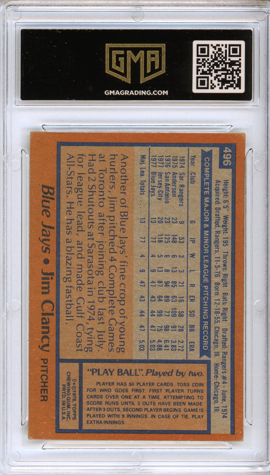 1978 Topps #496 Jim Clancy Rookie Card GMA 5