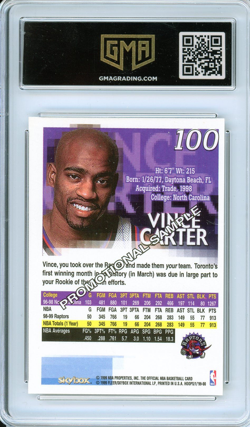 1999 Hoops #100 Vince Carter Promo Sample Card GMA 7