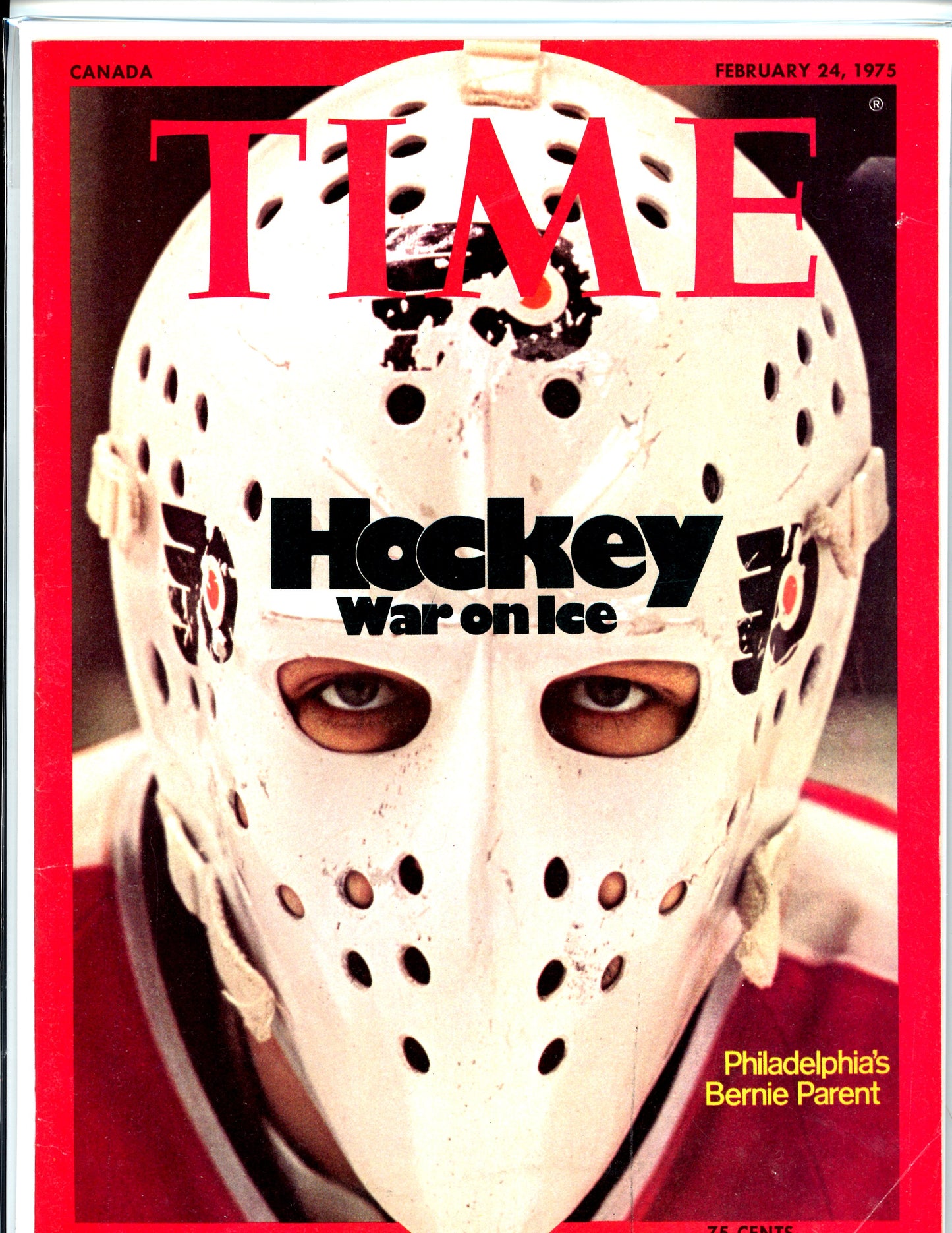 Time Magazine Hockey War On Ice (February, 1975) Vintage Bernie Patent Mask No Label