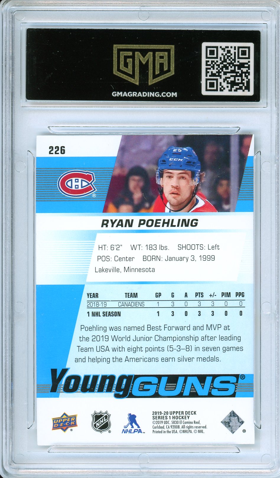 2019 Upper Deck Update Young Guns #226 Ryan Poehling Rookie Card GMA 10