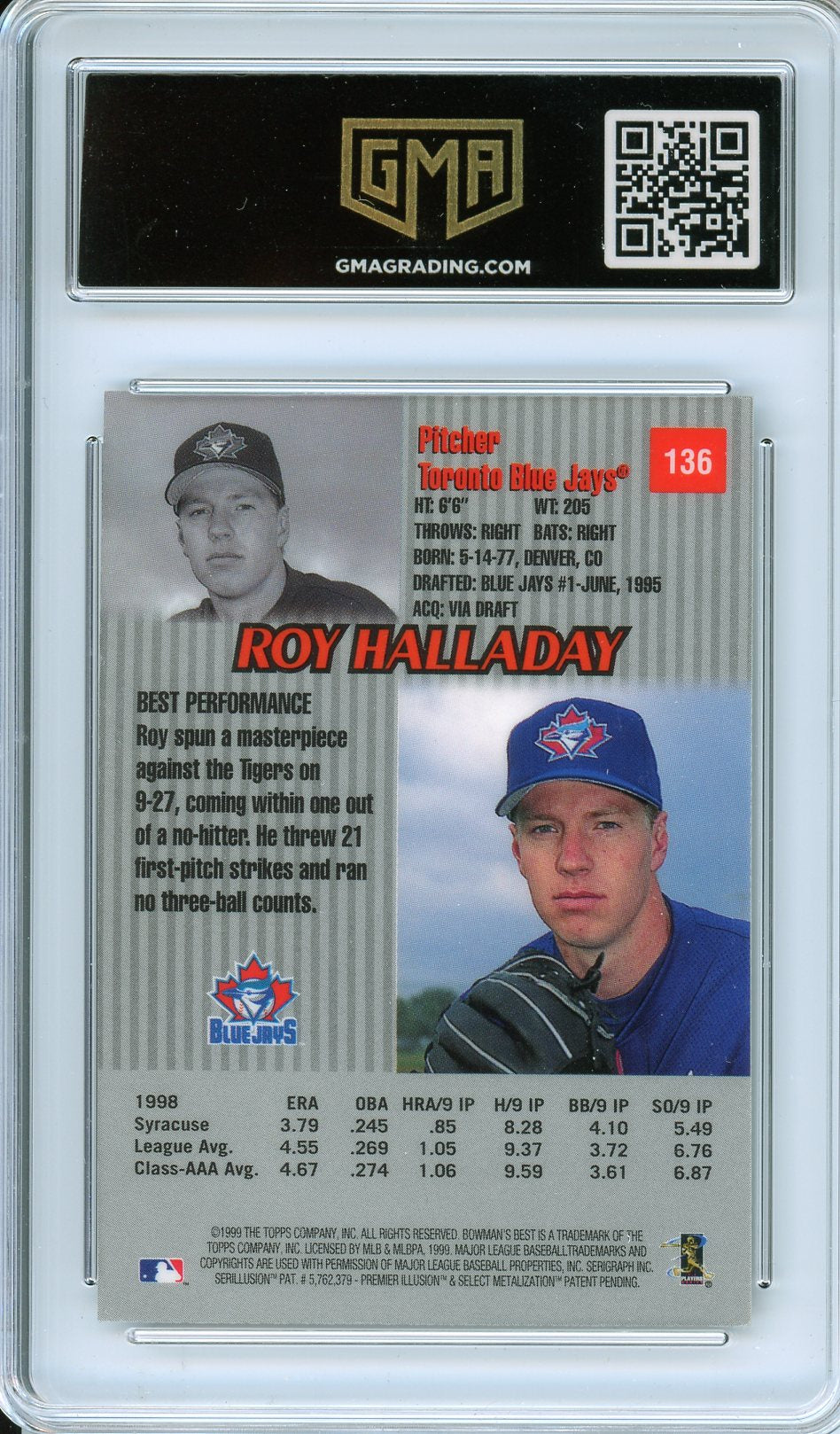 1999 Bowman's Best #136 Roy Halladay Card GMA 8.5
