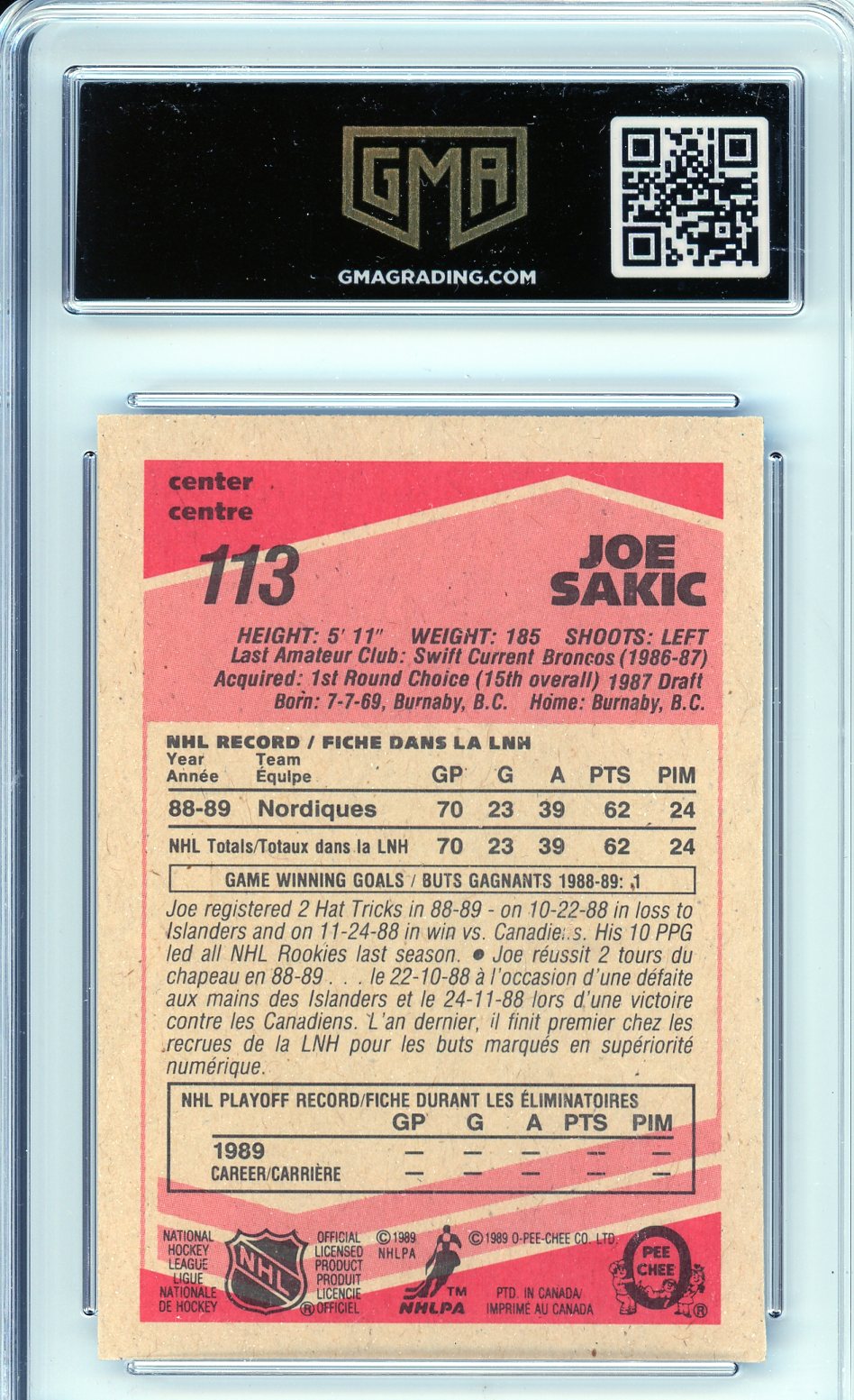 1989 O-Pee-Chee #113 Joe Sakic Rookie Card Graded GMA 8.5