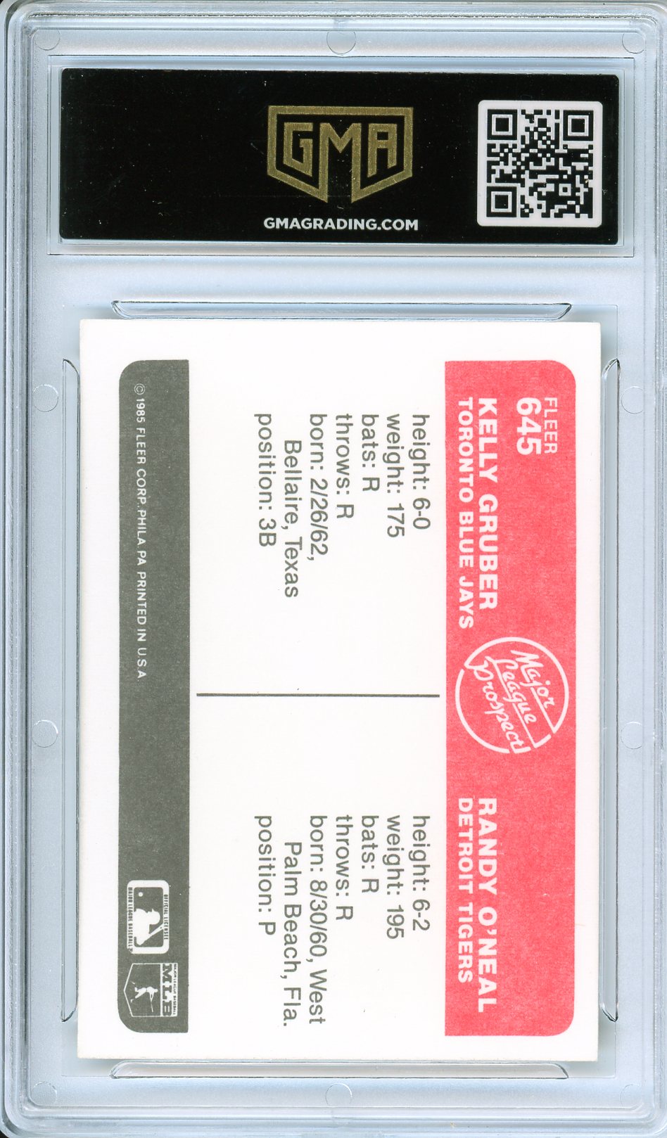1985 Fleer Gruber/O'Neal #845 Major League Prospects Card GMA 7