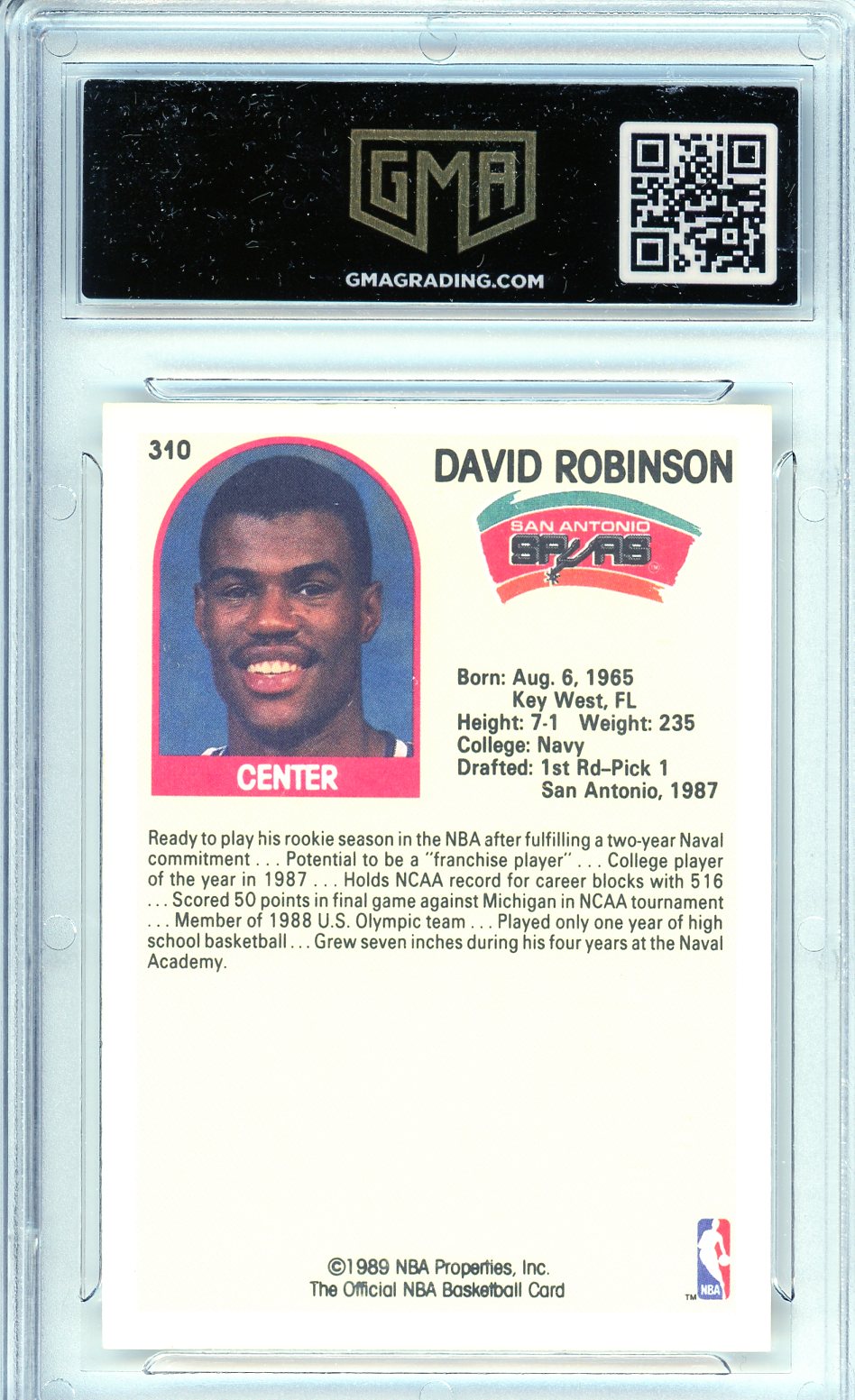 1989 Hoops David Robinson #310 Rookie Card GMA 8.5