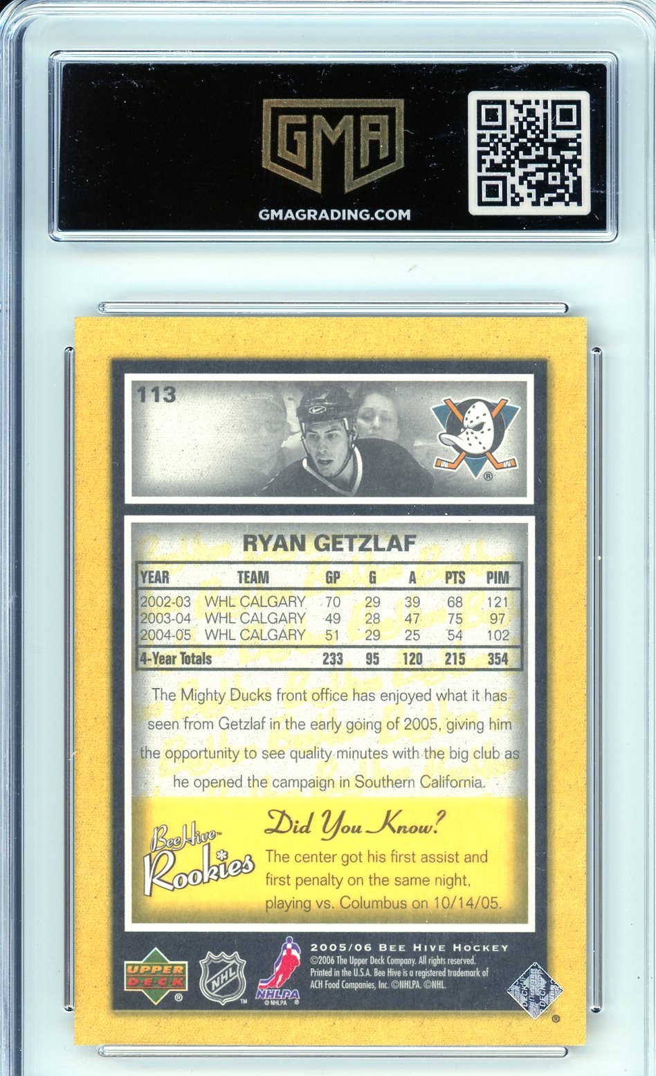 2005 Beehive Ryan Getzlaf #113 Rookie Card GMA 7.5
