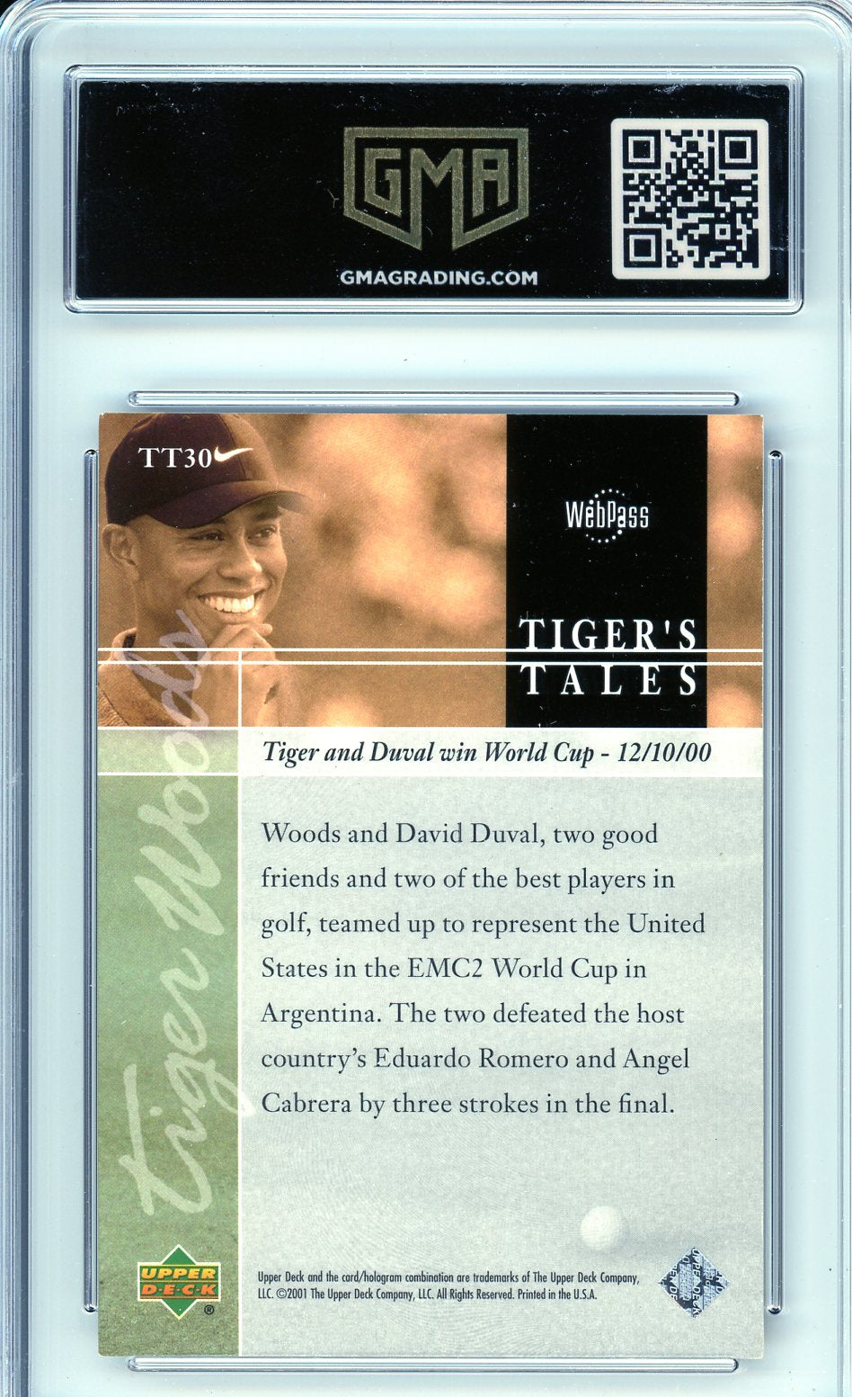 2001 Upper Deck Tiger Woods #TT30 Rookie Card GMA 7
