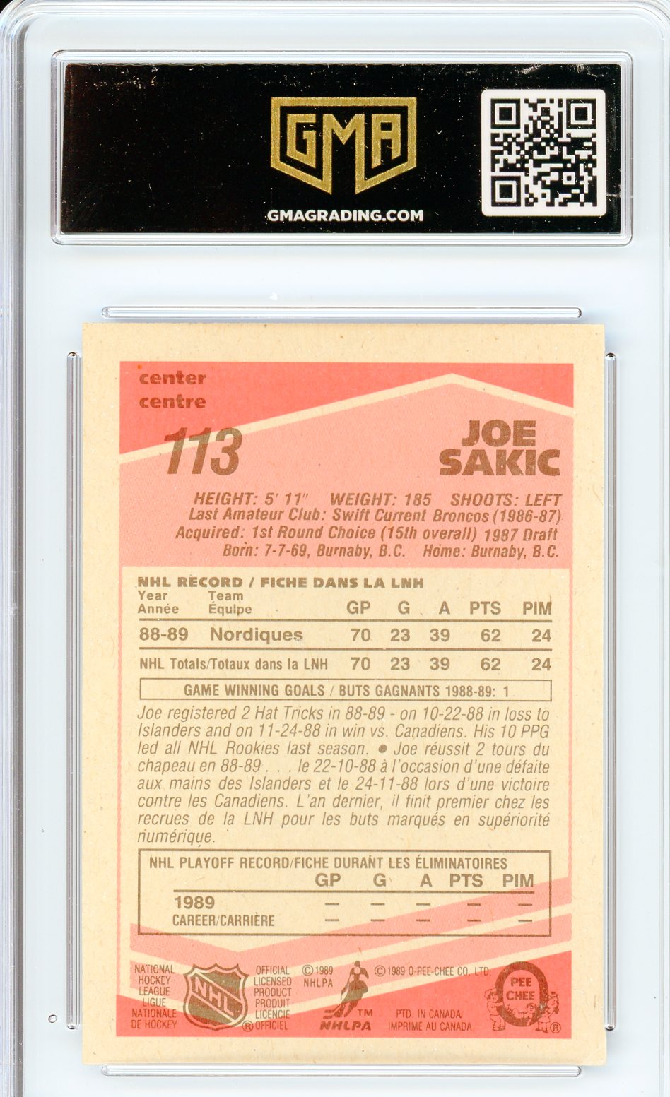 1989 O-Pee-Chee Joe Sakic #113 Rookie Card GMA 8.5