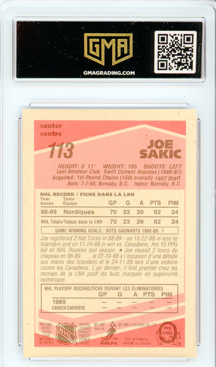 1989 OPC Joe Sakic #113 Rookie Card GMA 8.5