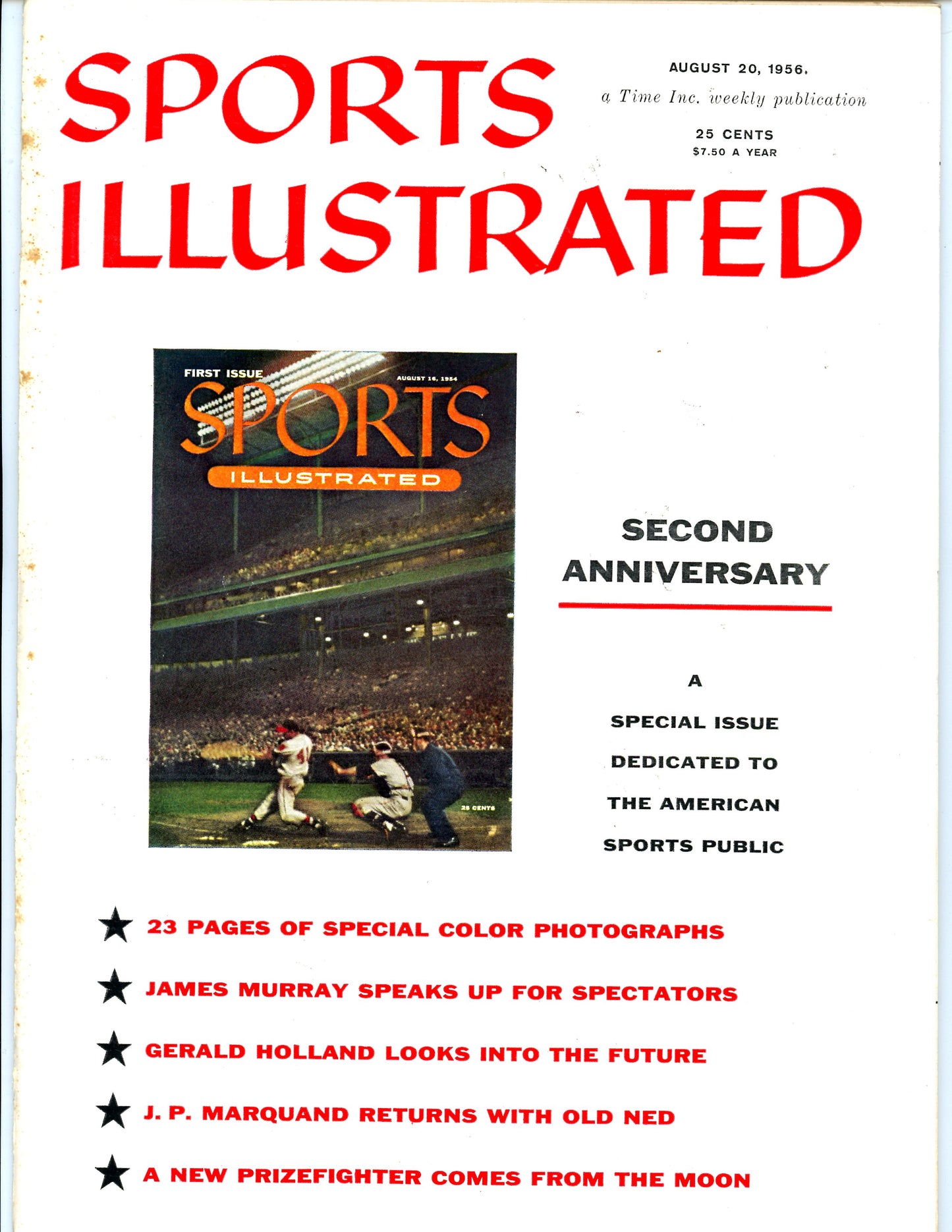 Sports Illustrated Vintage Magazine Rare Newsstand Edition (August 20, 1956) Second Anniversary