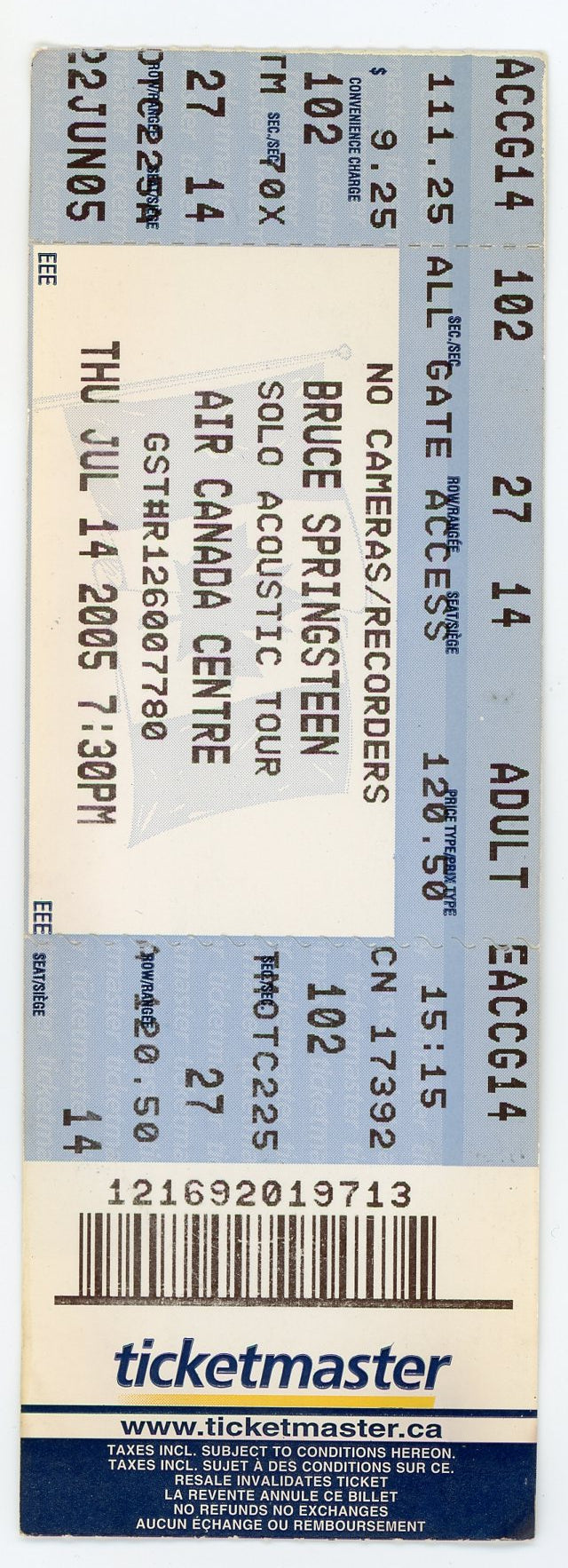Original Bruce Springsteen Vintage Concert Ticket Stub (Toronto, 2005) Air Canada Center