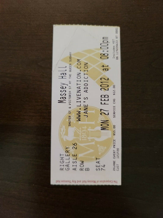 Jane's Addiction 2012, Toronto Massey Hall Original Concert Ticket Stub
