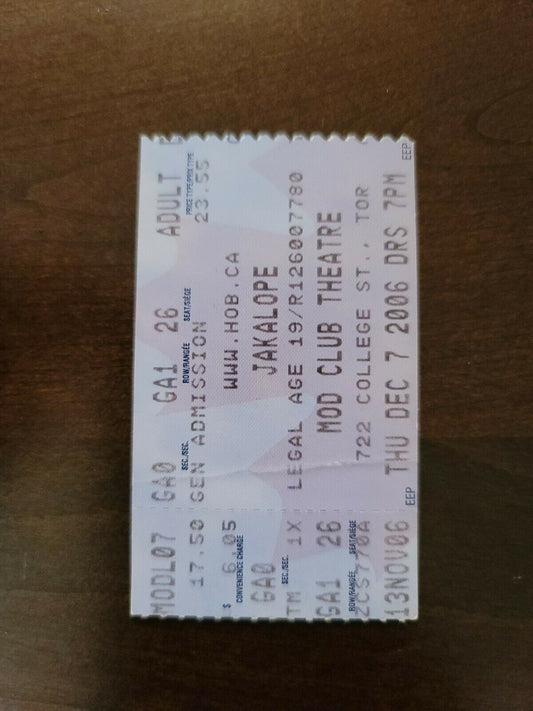 Jakalope 2006, Toronto Mod Club Original Concert Ticket Stub