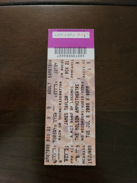 James Taylor 2008, Toronto Molson Amphitheater Original Concert Ticket Stub