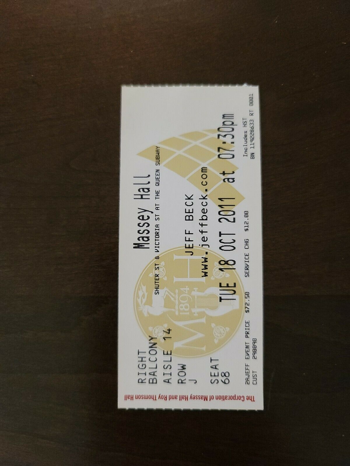 Jeff Beck 2011, Toronto Massey Hall Original Concert Ticket Stub