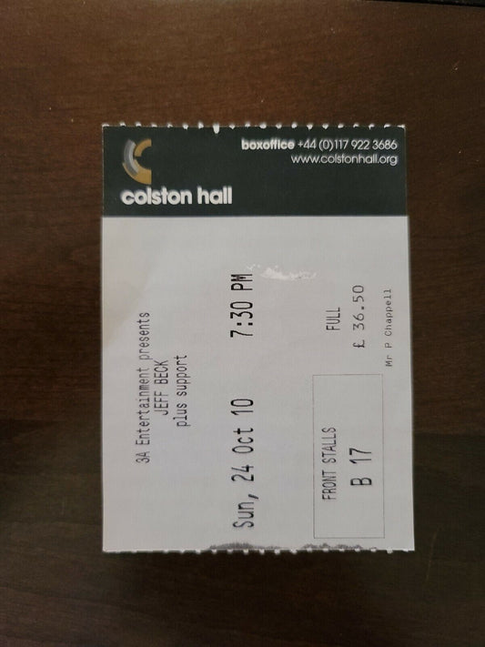 Jeff Beck 2010, Bristol Hall England Original Concert Ticket Stub