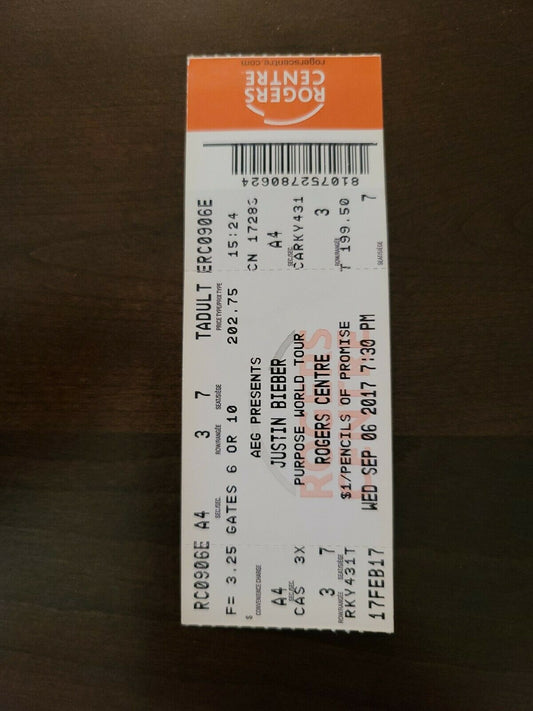Justin Bieber 2017, Toronto Rogers Centre Original Concert Ticket Stub
