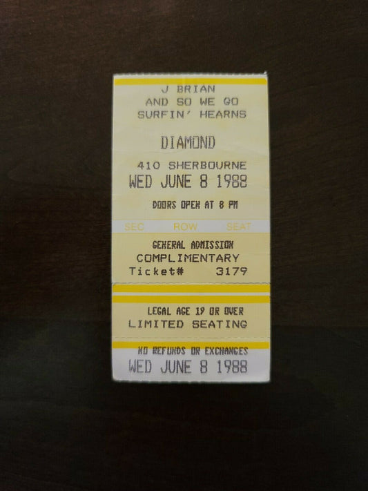 J Brian 1988, Toronto The Diamond Club Original Concert Ticket Stub