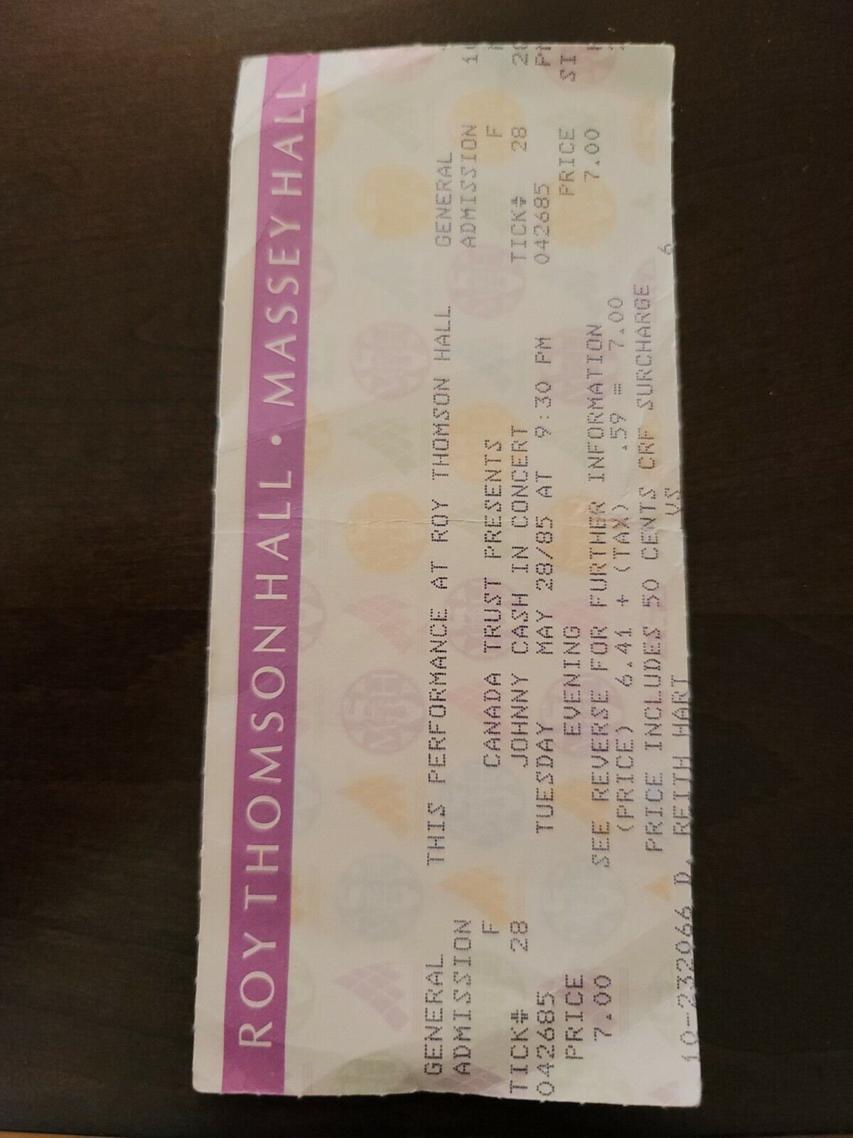 Johnny Cash 1985, Toronto Massey Hall Original Concert Ticket Stub