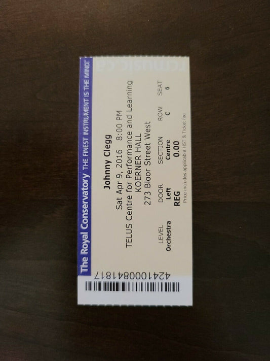 Johnny Cleg 2016, Toronto Telus Centre Original Concert Ticket Stub