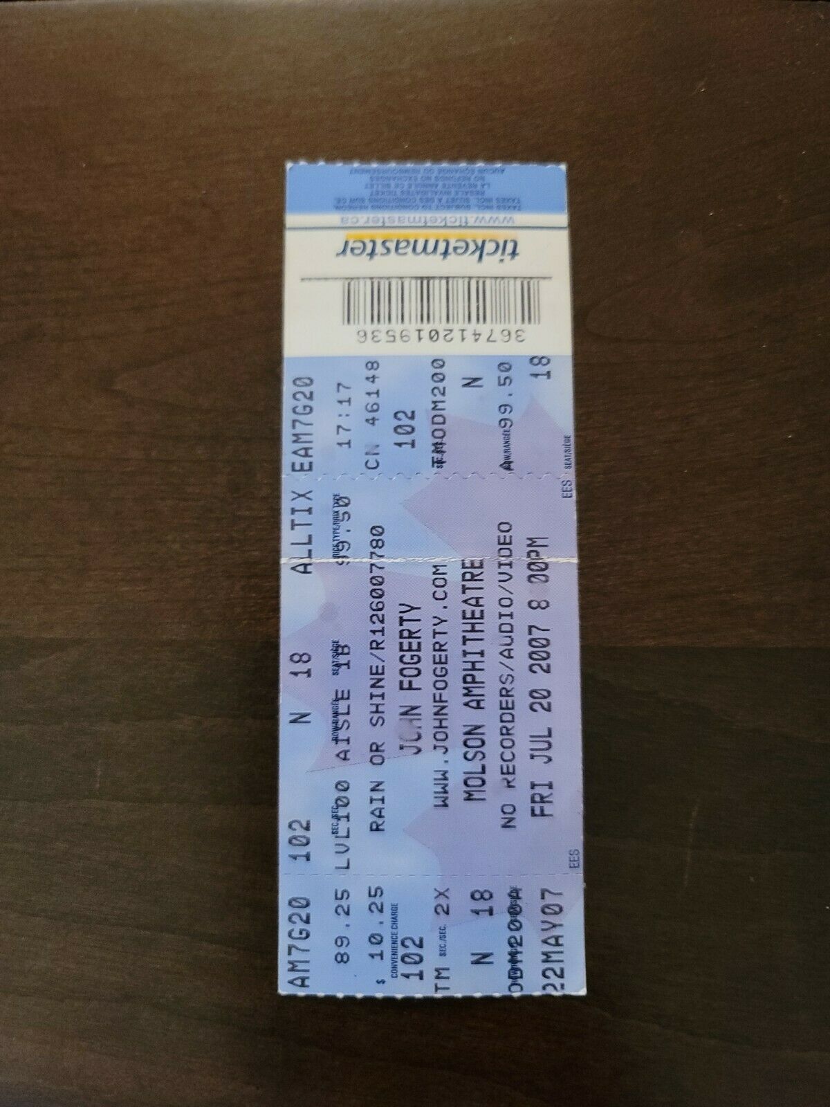 John Fogerty 2007, Toronto Molson Amphitheater Original Concert Ticket Stub