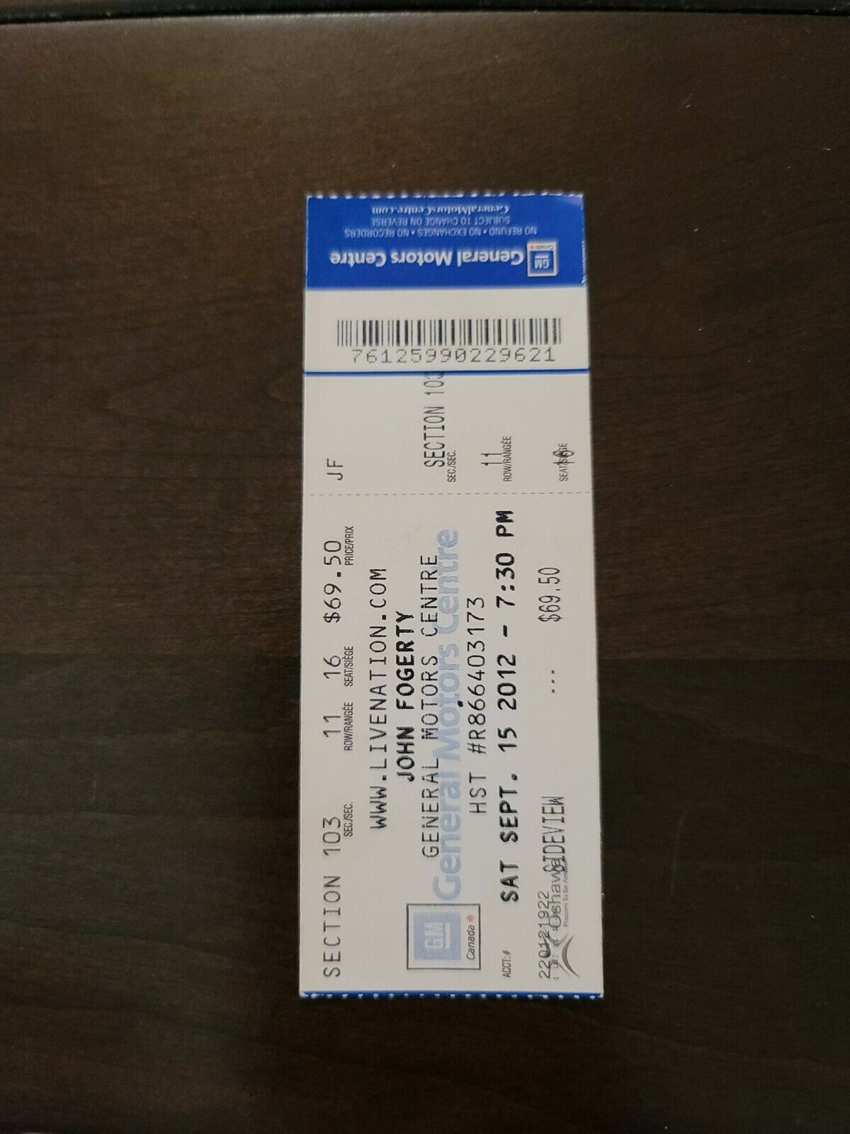 John Fogerty 2012, Oshawa GM Centre Original Concert Ticket Stub