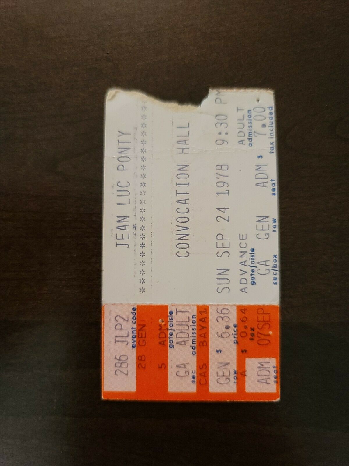 Jean Luc Ponty 1978, Toronto Convocation Hall Original Concert Ticket Stub