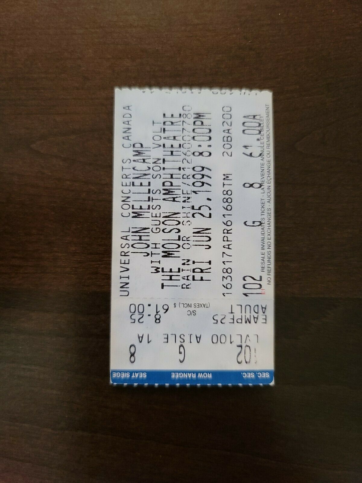 John Mellencamp 1999, Toronto Molson Amphitheater Original Concert Ticket Stub