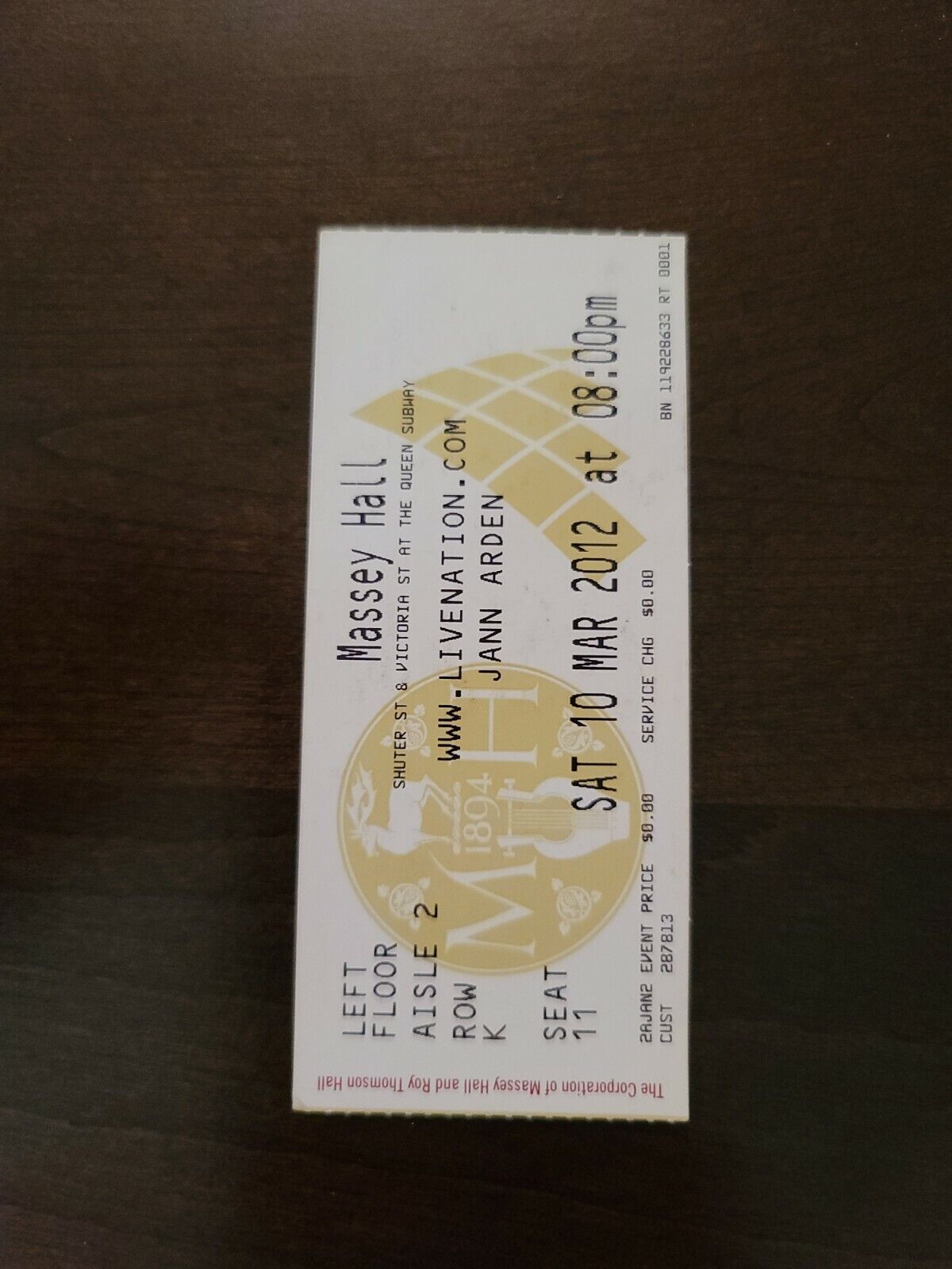 Jann Arden 2012, Toronto Massey Hall Original Concert Ticket Stub