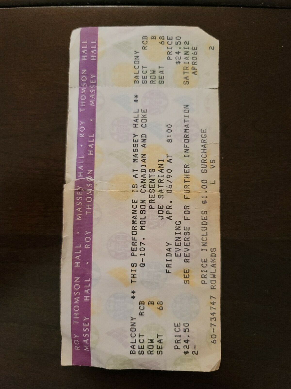 Joe Satriani 1990, Toronto Massey Hall Original Concert Ticket Stub