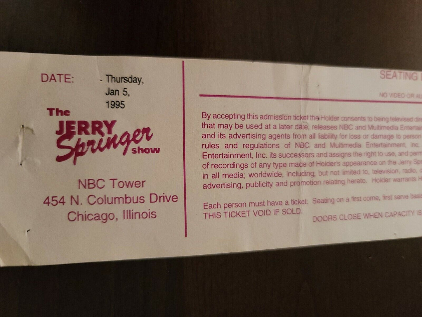 The Jerry Springer Show 1995, Chicago Illinois Original Ticket Stub