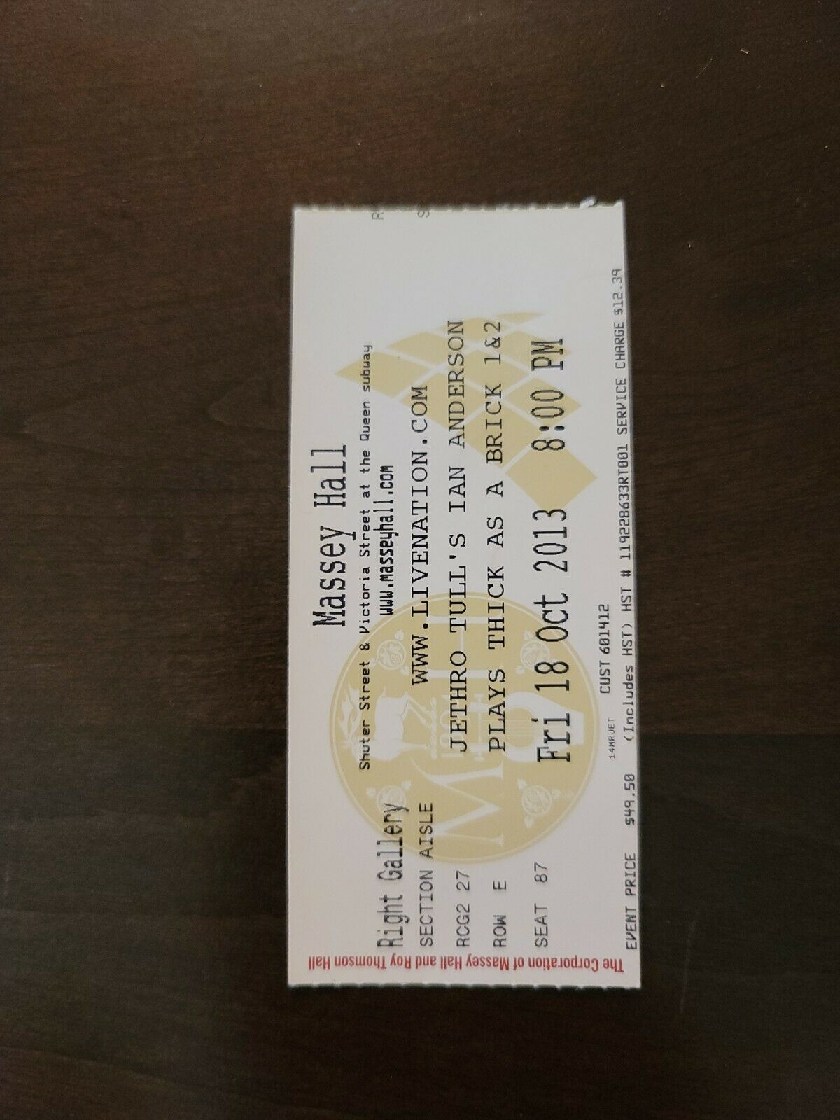 Jethro Tull 2013, Toronto Massey Hall Original Concert Ticket Stub