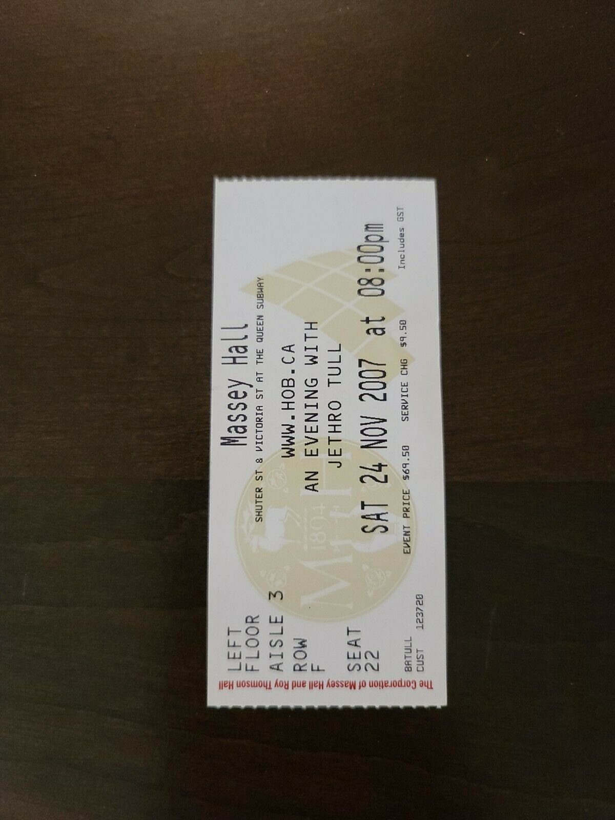 Jethro Tull 2007, Toronto Massey Hall Original Concert Ticket Stub