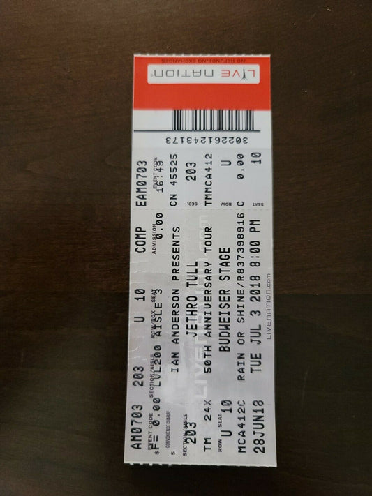 Jethro Tull 2018, Toronto Budweiser Stage Original Concert Ticket Stub