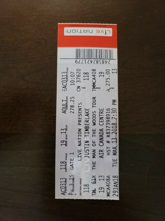 Justin Timberlake 2018, Toronto Air Canada Centre Original Concert Ticket Stub