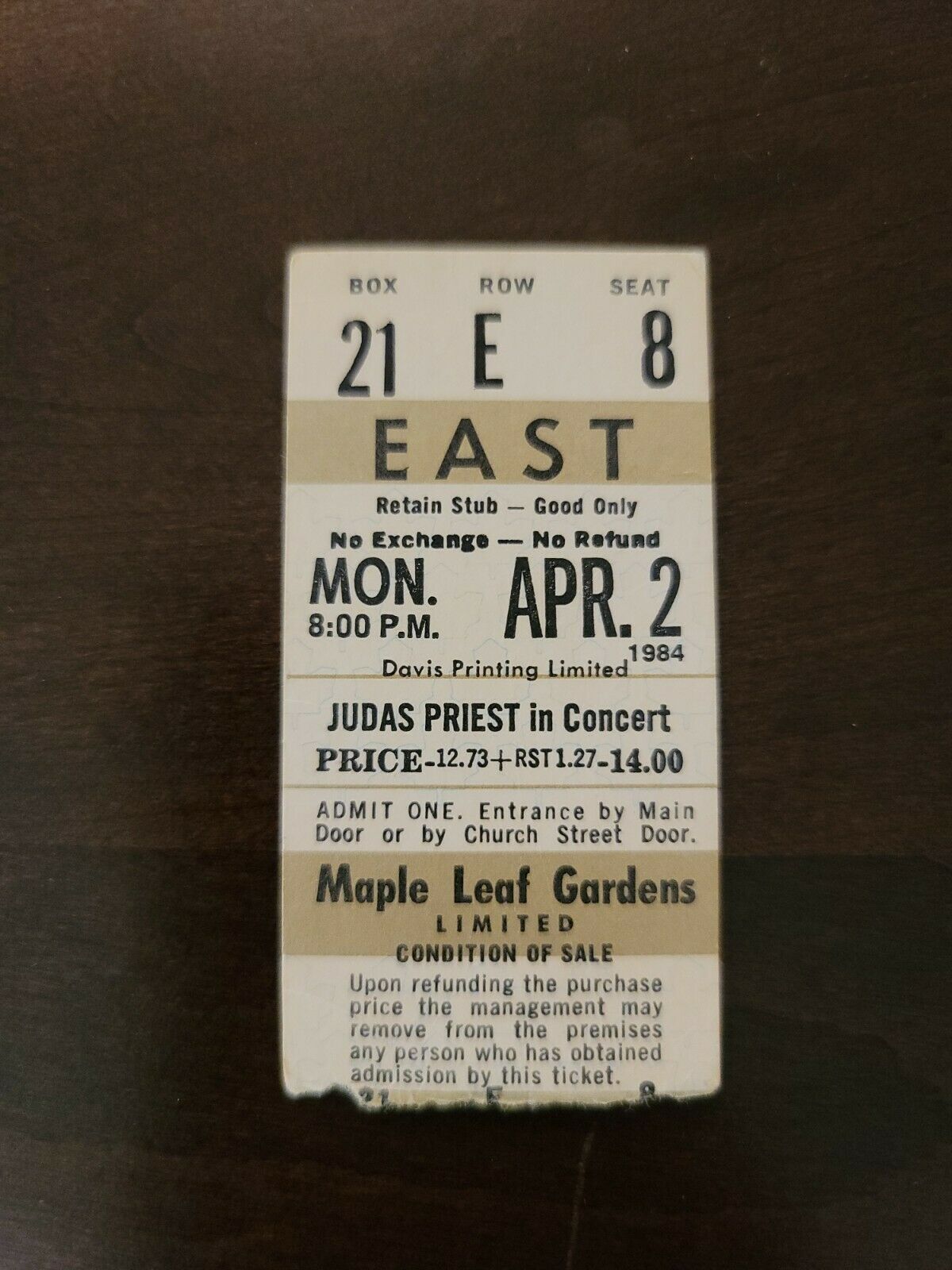 Judas Priest 1984, Toronto Maple Leaf Gardens Original Concert Ticket Stub