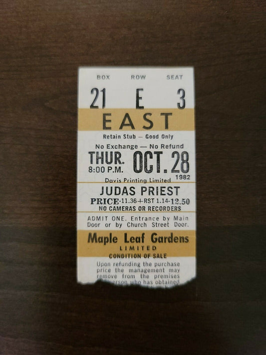 Judas Priest 1982, Toronto Maple Leaf Gardens Original Concert Ticket Stub