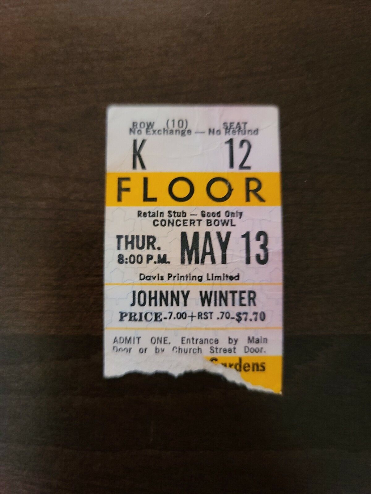 Johnny Winter 1976, Toronto Maple Leaf Gardens Original Concert Gold Ticket Stub