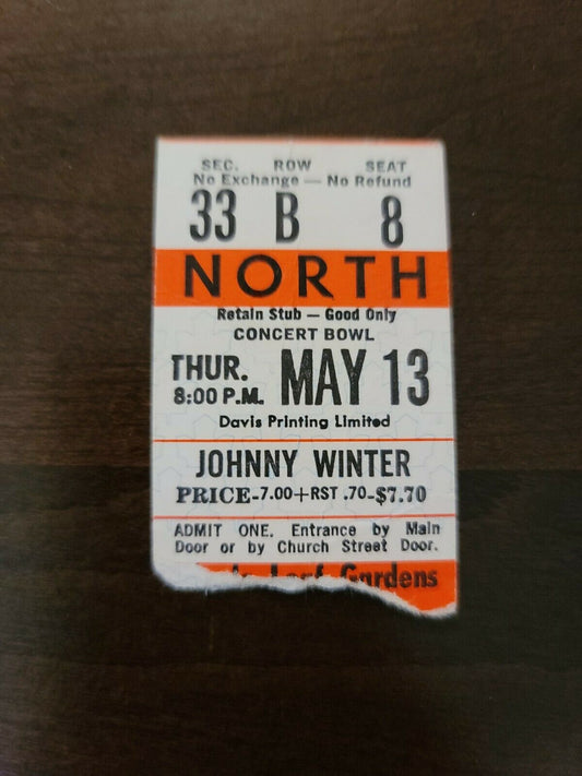 Johnny Winter 1976, Toronto Maple Leaf Gardens Original Concert Ticket Stub