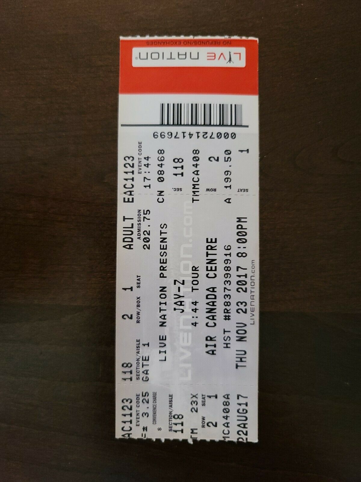 Jay-Z 2017, Toronto Air Canada Centre Original Concert Ticket Stub
