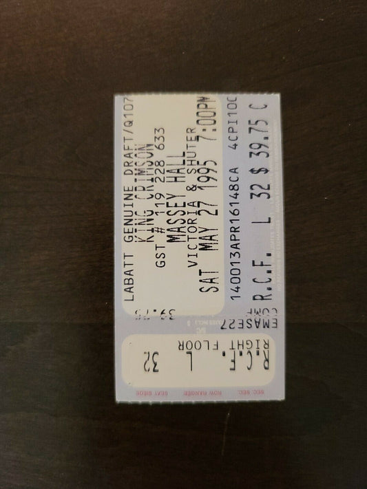 King Crimson 1995, Toronto Massey Hall Gardens Original Concert Ticket Stub