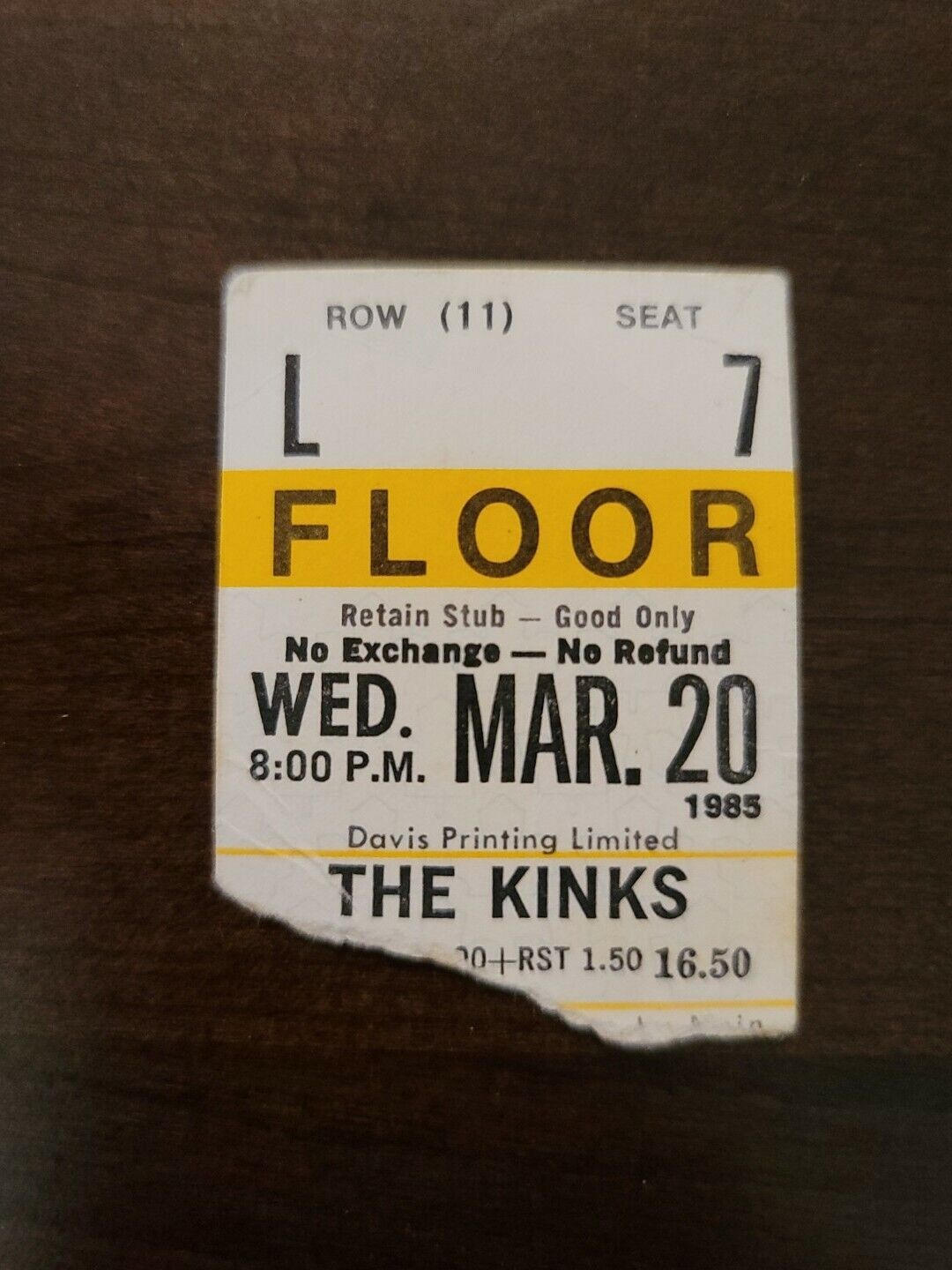 The Kinks 1985, Toronto Maple Leaf Gardens Original Concert Ticket Stub