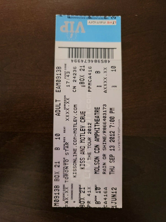 KISS Motley Crue 2012, Toronto Molson Amphitheater Original Concert Ticket Stub