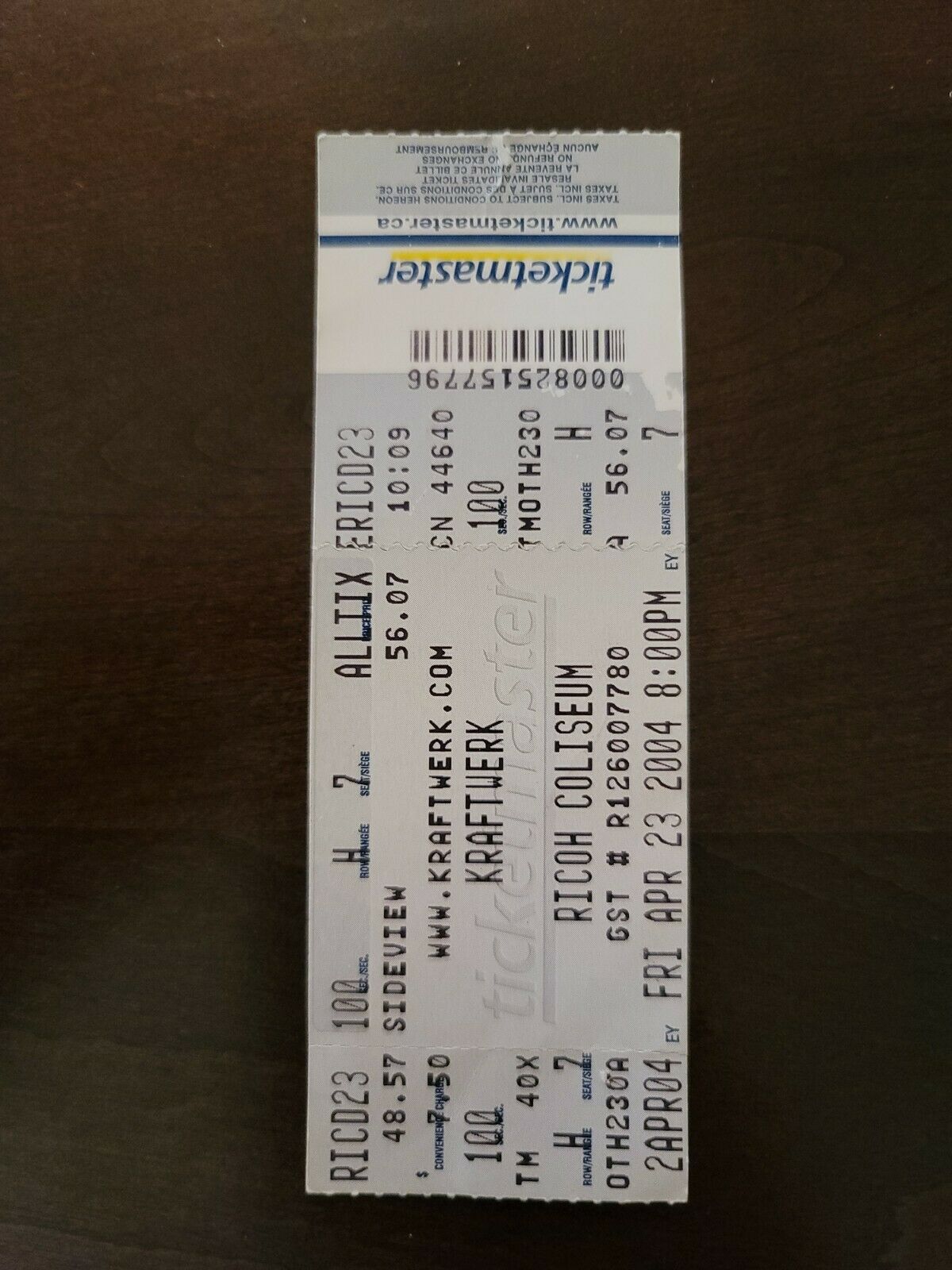 Kraftwerk 2004, Toronto Richoh Colieum Original Concert Ticket Stub